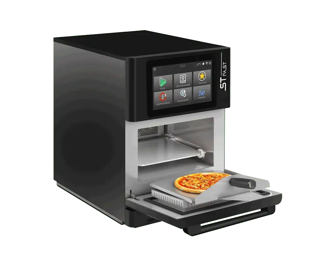 ST Fast gyorssütő kemence nyitott ajtóval és pizzával
